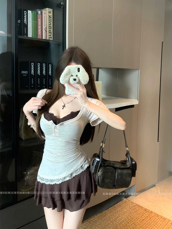 Lace Splicing U-Neck Short-Sleeved T-Shirt Women's Summer Pure Lust Suit Brown Suspender Dress Short Skirt Two-Piece Set