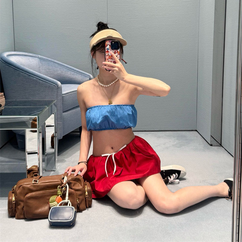 2025 Early Spring New Nanyou Miu Backless Sexy Sexy Letter Embroider Elastic Elastic Trim Tube Top