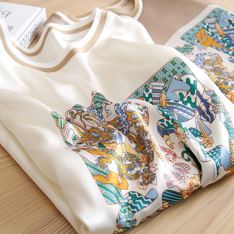 Especially powerful original channel ~ real si stitching T-shirt Women's printed summer mulberry silk short sleeve thin coat