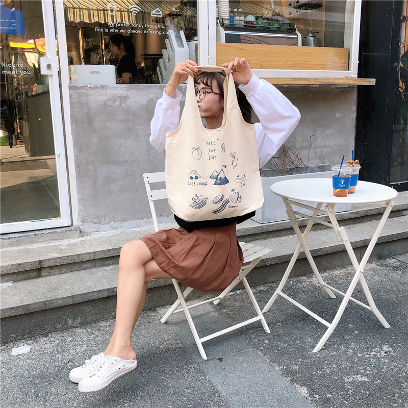 99304 ins single-shoulder hand-carry canvas bag, cute cartoon illustration tote bag for girls, student trend undefined