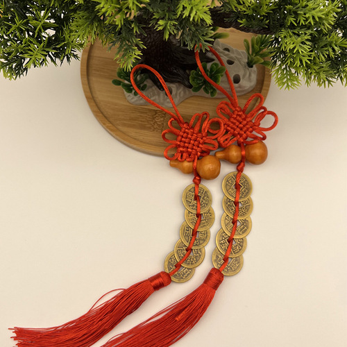 Manufacturer wholesale real brass Five Emperors Money Wooden Gourd Pendant Chinese Knot Door Trailer Hanging Small Gift Travel Souvenir