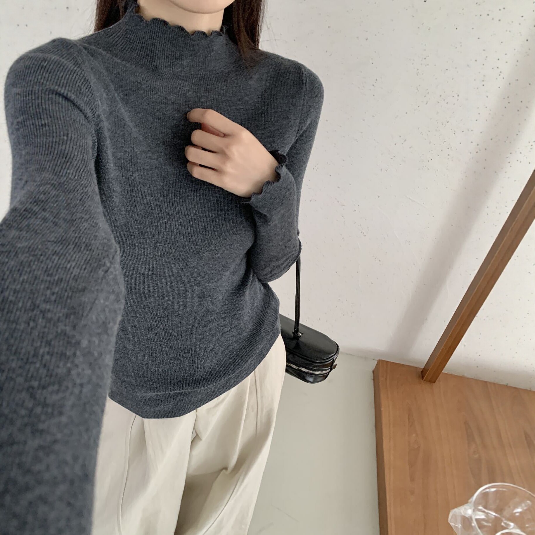 木耳边半高领针织衫女秋冬修身打底毛衣卷边内搭精纺羊毛衫上衣26