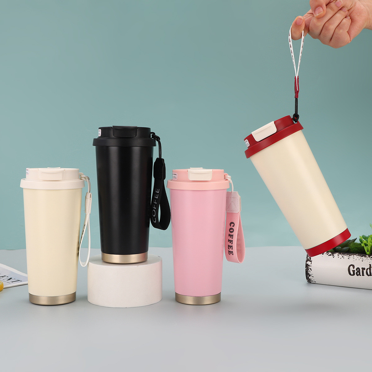 跨境不锈钢铃兰花咖啡杯高颜值男女真空保温杯轻奢双层提绳吸管杯