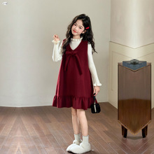 女童毛呢加绒背心裙两件套2025冬季新款红色年服连衣裙毛衣套装厚