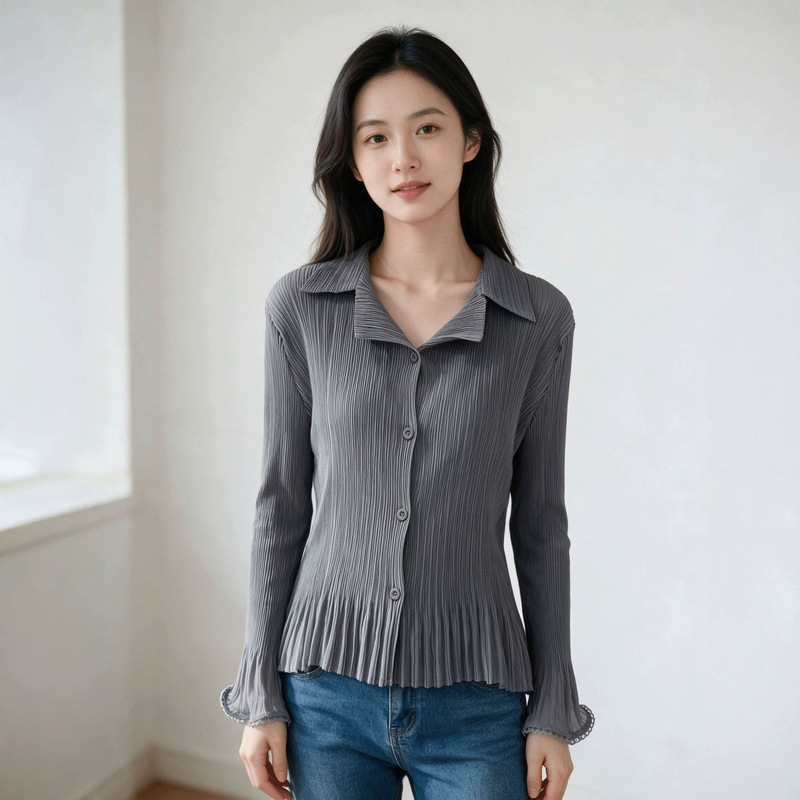 Miyake-style pleated collared shirt for women, long-sleeved, bell-sleeved, lace-trimmed cardigan, slim-fit, pleated top