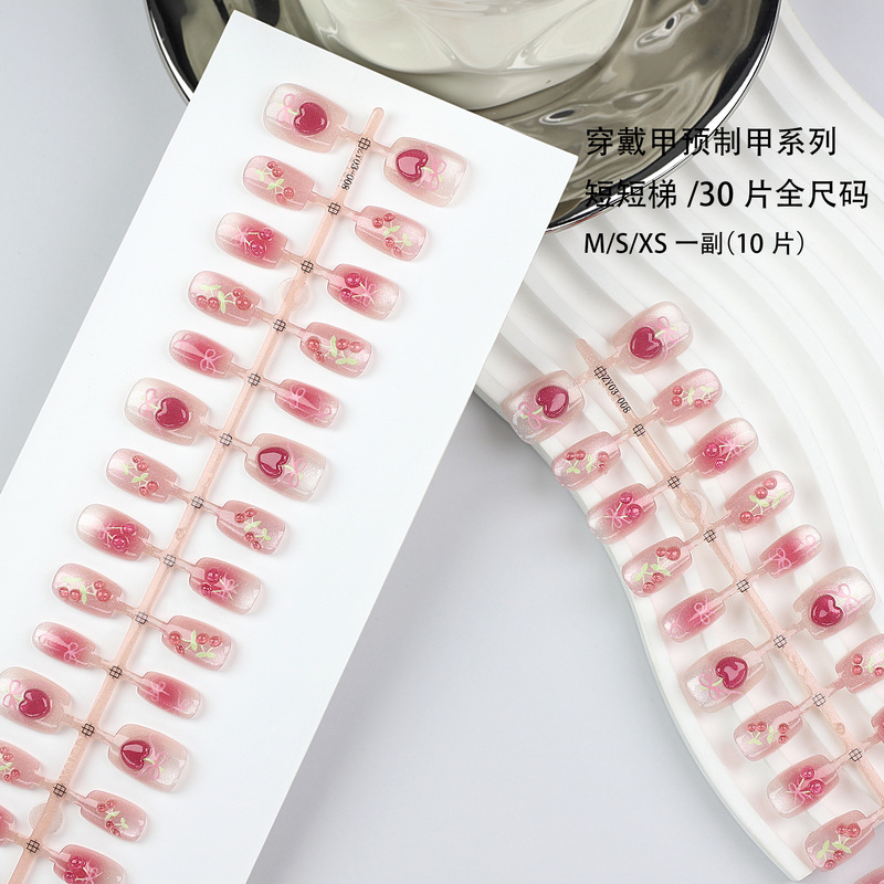Handmade Manicure Stereo Heart Cute Cherry Blush Cat Eye Wearable Nails Korean Girl Heart Manicure 30 Pieces