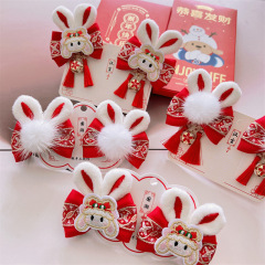 2023新年原創中國風刺繡蝴蝶結髮夾兔耳朵大紅邊夾小女孩洋氣頭飾
