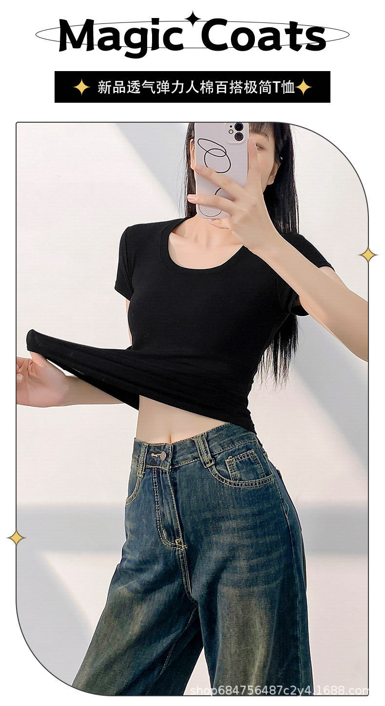 American slim-fit short-sleeved T-shirt for women, 2025 summer new style, waist-cinching round-neck T-shirt, sweet and spicy short top as the base pic 1