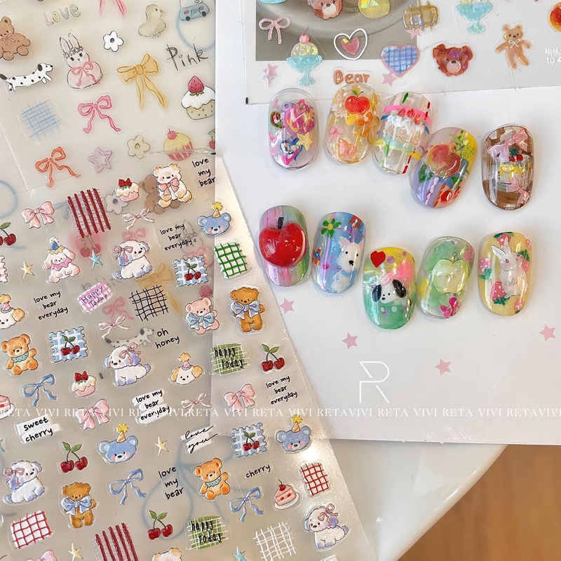 Cute Childlike Cartoon Bear Bow Nail Art Stickers Graffiti Puppy Cute Animal Kidsren's Nail Stickers Accessories