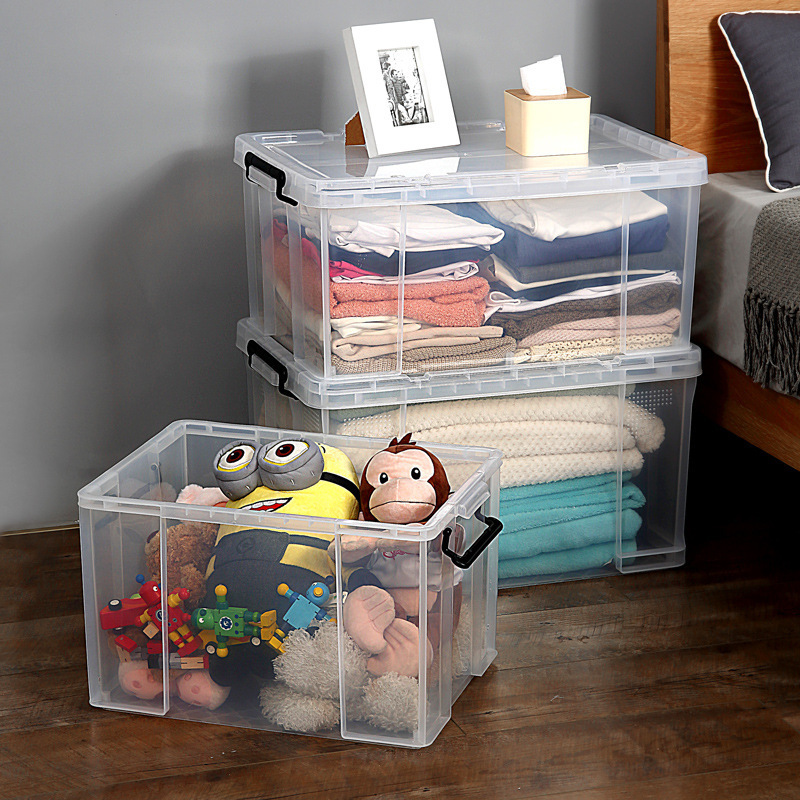 Caja de almacenamiento transparente de ángulo recto, caja de plástico gruesa resistente a la compresión, caja de almacenamiento para ropa doméstica de gran tamaño, cojín