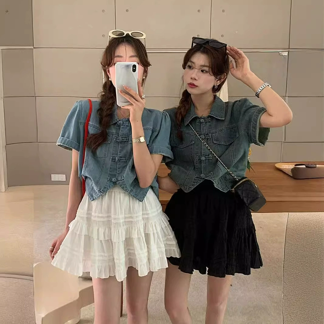 Новый китайский стиль ретро пряжка джинсовая рубашка с короткими рукавами куртка женская 2024 летняя тонкая короткая рубашка прилив