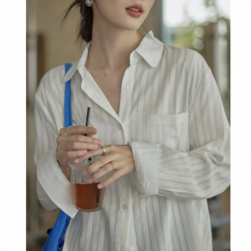 In-stock white versatile jacquard cotton shirt jacket for women, early autumn outerwear, long-sleeve top, cardigan, commuter shirt