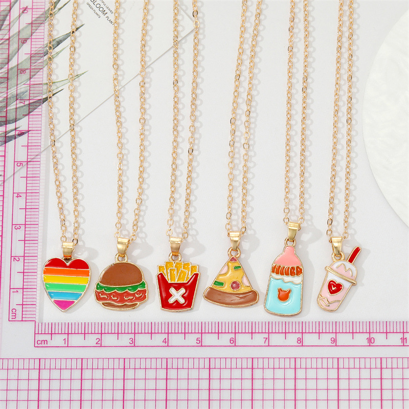 Korean creative personality alloy dripping oil French fries pizza food pendant necklace