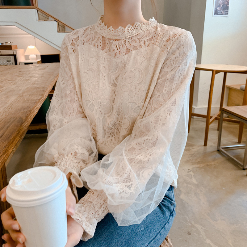 2025 New White Korean Style Loose Long-Sleeved Mesh Lantern Sleeve Lace Base Shirt Inner Top Women's Blouse