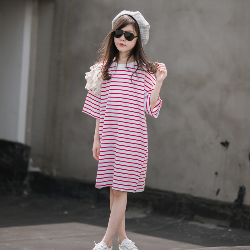 Niñas camiseta a rayas 2023 vestido de verano nueva ropa de los niños vestido largo occidental aire de manga corta bebé falda marea