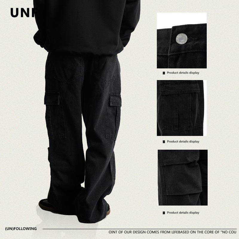 New vintage washed distressed multi-pocket cargo pants loose men's jeans_voghion.com