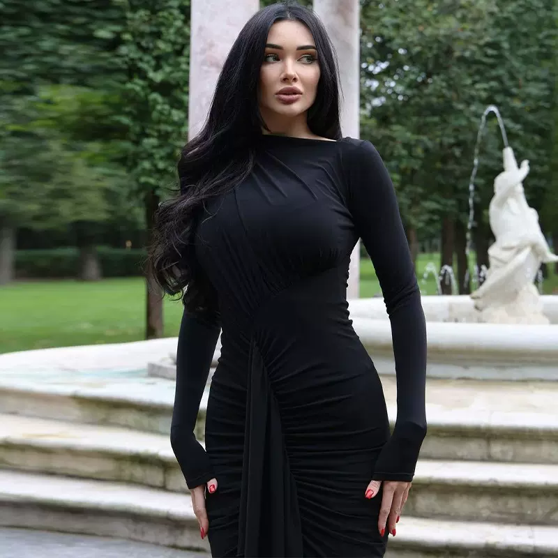 欧美时尚性感长袖包臀裙2023秋冬女装新款开叉鱼尾连衣裙女