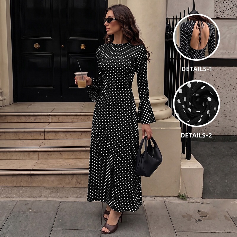2026 Autumn New Vintage French Style Backless Bell Sleeve Long Dress European and American Foreign Trade Polka Dot Dress for Women 2026 Autumn New Vintage French Style Backless Bell Sleeve Long Dress European and American Foreign Trade Polka Dot Dress for Women