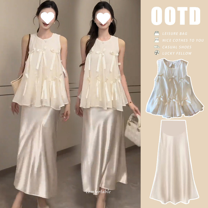 New Maternity Wear with a High-End Feel, Sweet and Youthful Set for Women, Bowknot Tank Top and Satin Skirt Two-Piece Set New Maternity Wear with a High-End Feel, Sweet and Youthful Set for Women, Bowknot Tank Top and Satin Skirt Two-Piece Set