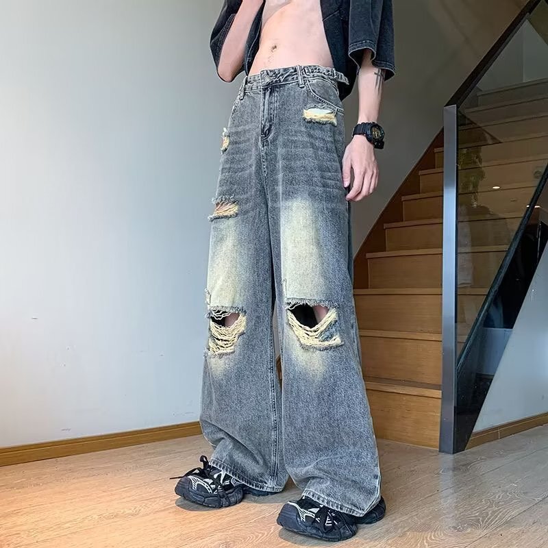 Men's Ripped Jeans with Mid-Rise Straight Wide-Leg Hip-Hop Streetwear Vintage Washed Denim Pants