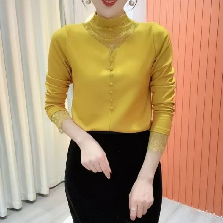 Trendy Lace Splicing Half-High Collar Fleece-Lined Base Shirt for Autumn and Winter 2025, Popular for Dropshipping