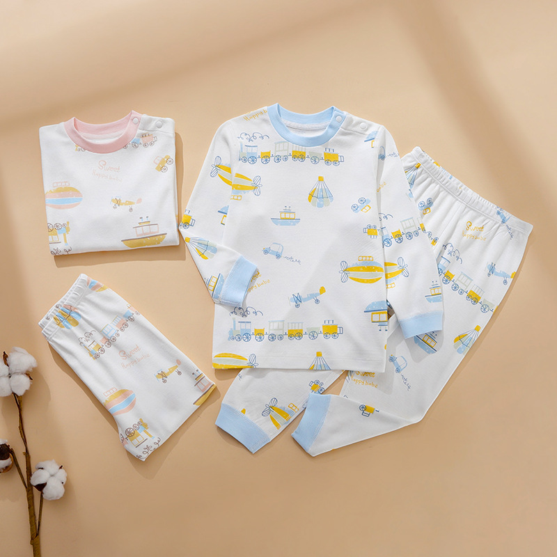 Baby Autumn Clothing Set with Shoulder Snap Buttons, Pure Cotton Printed Baby Underwear, Seamless Long-Sleeve Long-Pants Pajamas