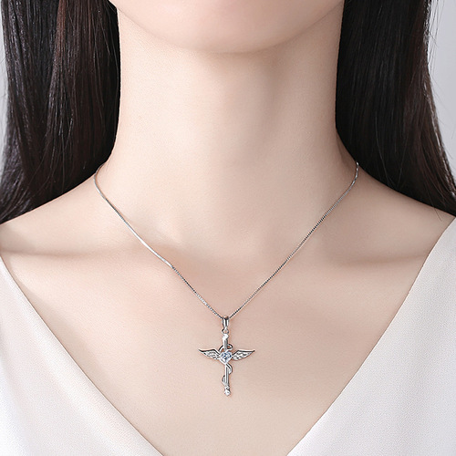 S925 silver angel wings cross necklace European and American cross-border clavicle retro pendant gift fashion accessories