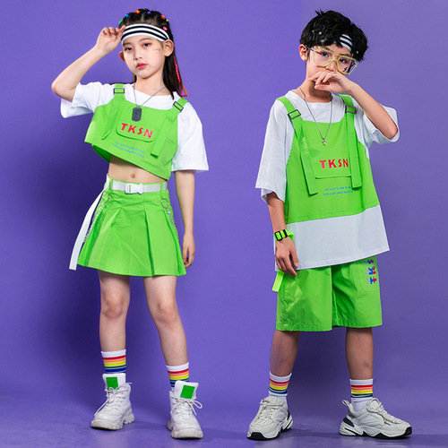 Children Girls boys Green color Cheerleaders hiphop street singer rapper jazz dance outfits costumes private kindergarten games hip-hop jazz dance show tide