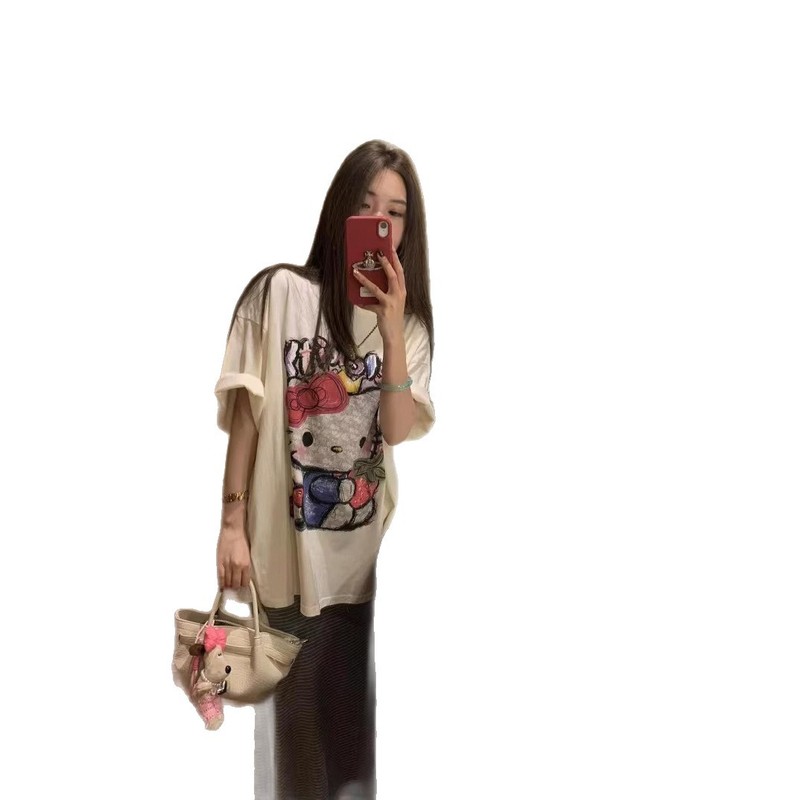 40カウント純綿かわいい年齢軽減漫画プリントルーズコットンラウンドネック半袖Tシャツ女性用|undefined