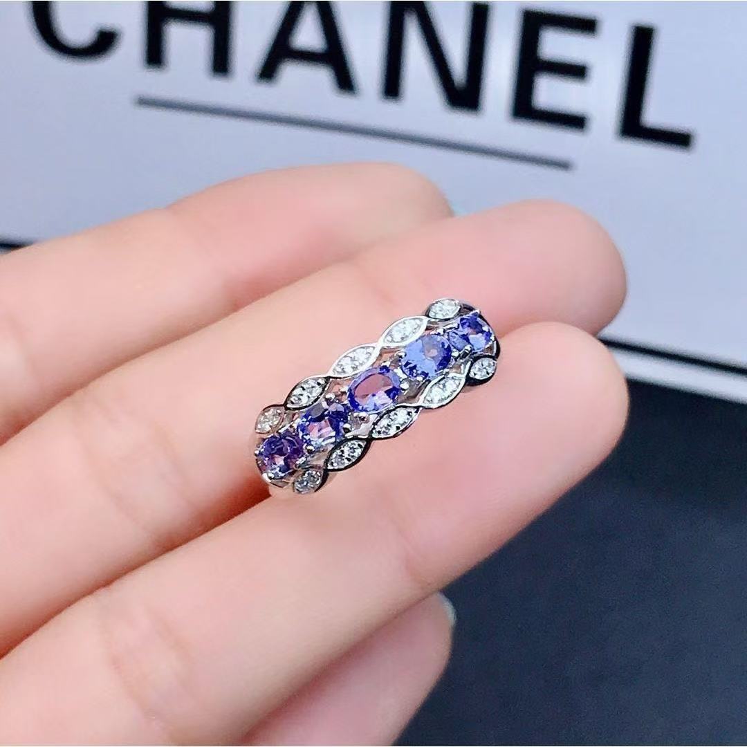 二代坦桑蓝石S925戒指经典简约款爆闪火彩主石4*3mm925银精工镶嵌