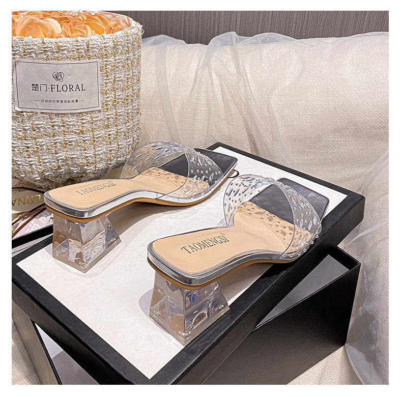 Dép sandal nữ quai ngang mũi vuông đính pha lê, đế dày gót vừa 3–5 cm — Màu bạc, Màu hồng nude, Màu mơ Nude chi tiết 35