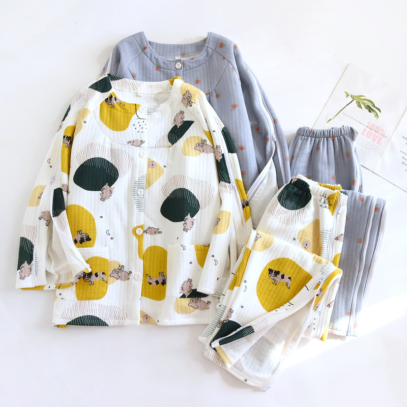 Women's Autumn and Winter Thickeneded Warm Large Size Nursing Clothes Air Cotton Easy to Put on and Take Off Acupuncture Postoperative Rehabilitation Bed Physiotherapy Clothes