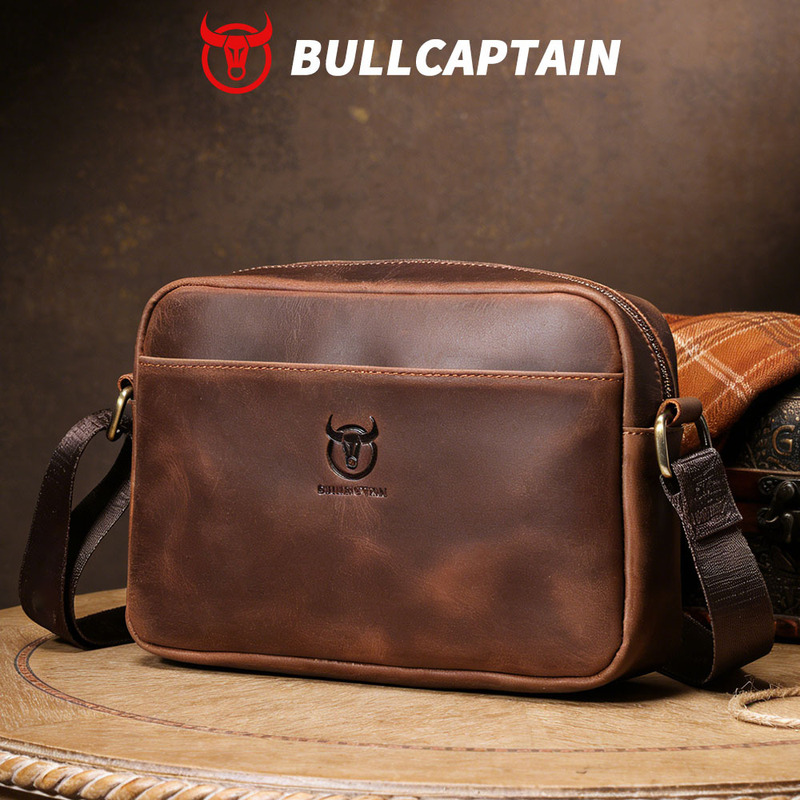 Captain Cow Men's Genuine Leather Horizontal Top-Layer Crazy Horse Cow Leather Single-Shoulder Crossbody Bag Simple Casual Vintage Crossbody Bag
