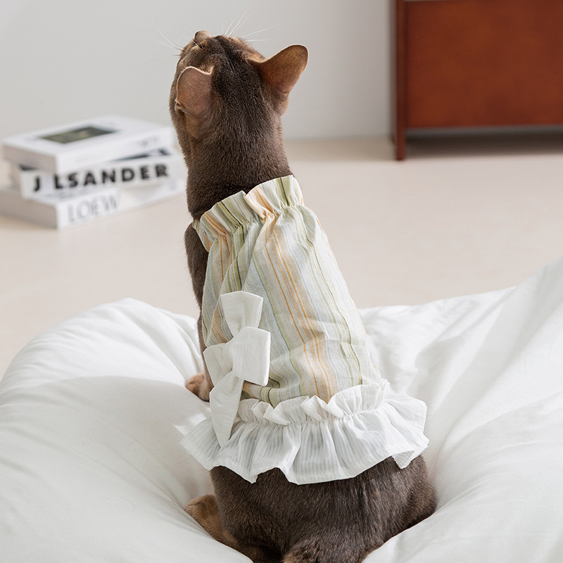 Gato primavera y verano rayas damas arco esbelta falda perro pequeño y mediano peluche falda perro mascota ropa de gato