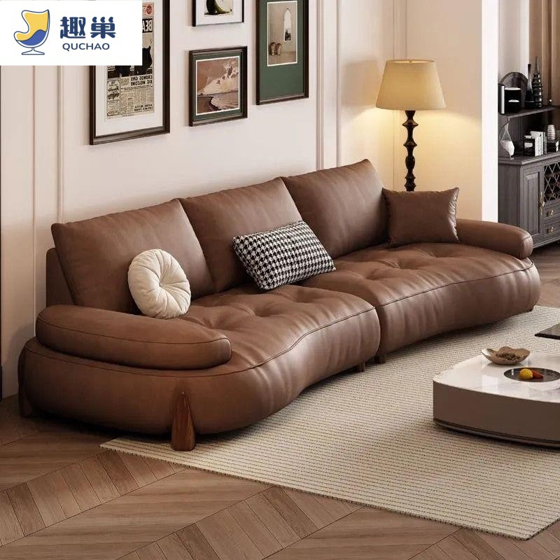 First-Layer Cowhide Leather Sofa, Complete Set for Large and Small Living Rooms, Designer Retro-Style Genuine Leather and Solid Wood Sofa