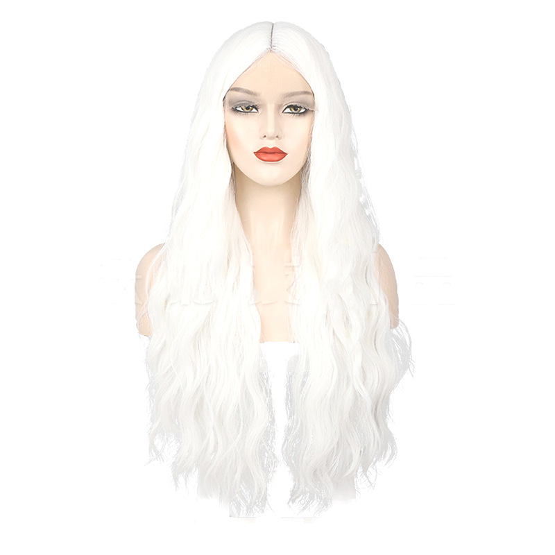 Peluca femenina blanca grande ondulada de pelo largo y rizado, conjunto de fibra química, pelo largo y rizado pequeño, tocado completo, fabricante de Xuchang, venta al por mayor, esponjoso