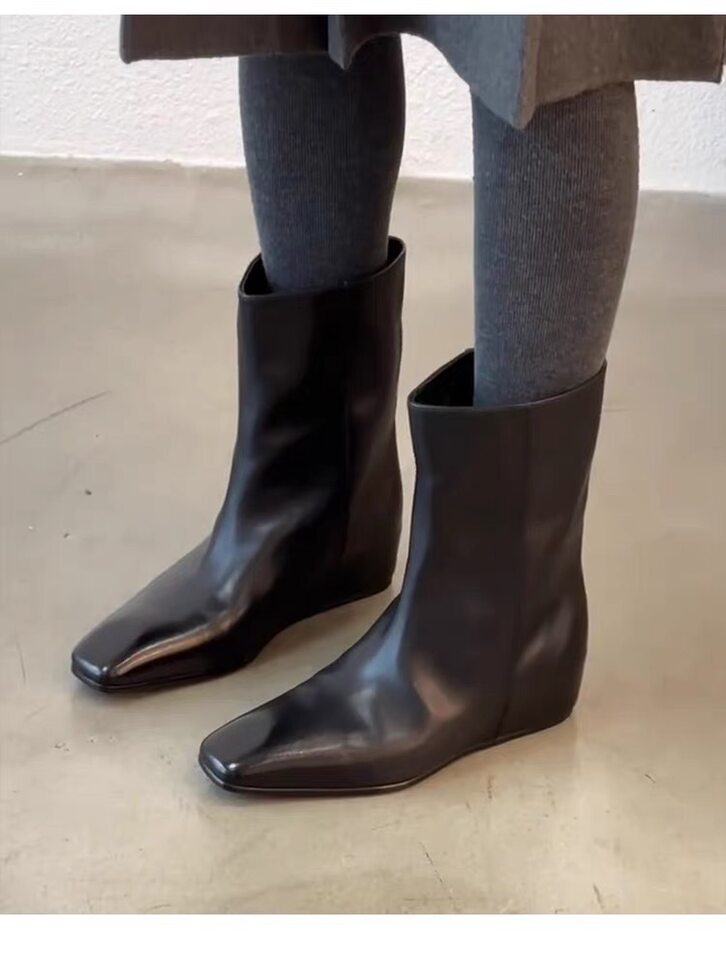 Bốt nữ cổ trung da bò thật mũi vuông ống rộng tôn dáng, gót xuồng 3–5 cm — Đen (lót lông), Đen (lót đơn) chi tiết 4