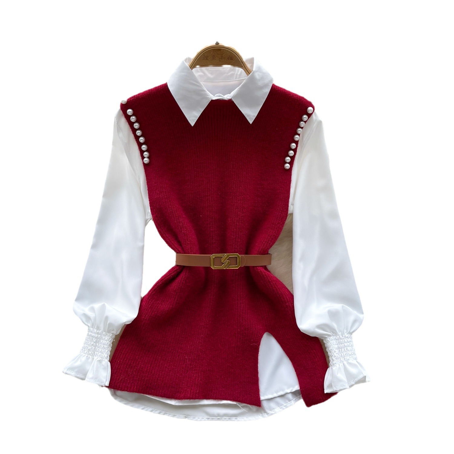 Női ruházat Őszi szett, stílusos és öregedésgátló, réteges, kétrészes női kosztüm, dizájner gyöngyös hasított kötött mellény + hosszú ujjú ing_voghion.com