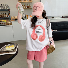 女童短袖套裝薄款2024新款夏裝兒童網紅洋氣短褲中大童運動兩件套