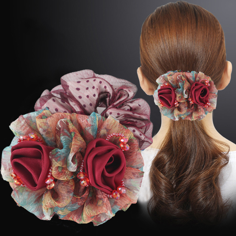 컬러풀한 거즈 머리끈 [버건디]