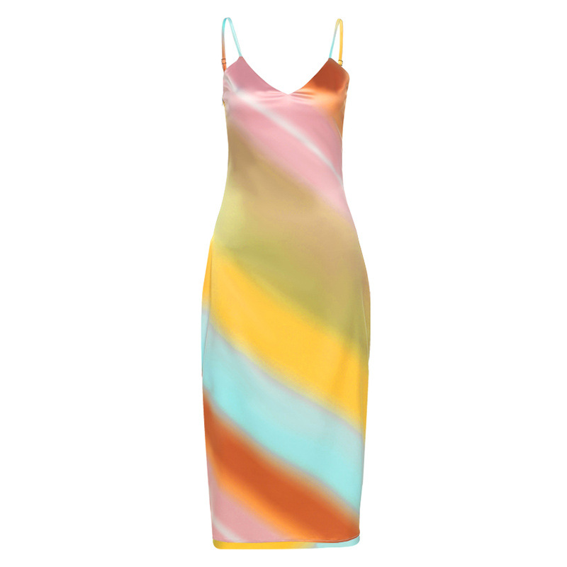 Rainbow Sling V-Neck Open Back Bag Hip Dress NSDLS109099