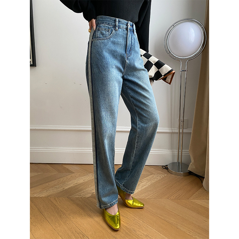 司南撞色侧裤线直筒小个子牛仔裤高腰阔腿秋冬新款