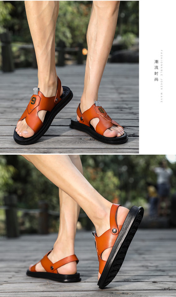 Dép sandal nam quai ngang hở ngón chất liệu da PU chống trơn trượt, thoáng khí — Màu kaki, Màu nâu, Nâu đỏ, Đen toàn bộ chi tiết 13