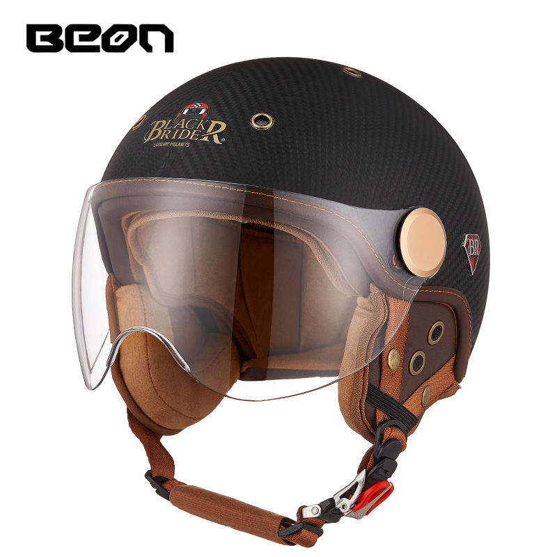 Coche eléctrico Four Seasons retro motocicleta verano protección solar 3C BEON casco de fibra de carbono motocicleta medio casco hombres y mujeres