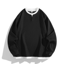 浅灰色假两件拼接V领卫衣男款秋季潮牌打底内搭华夫格圆领长袖T恤