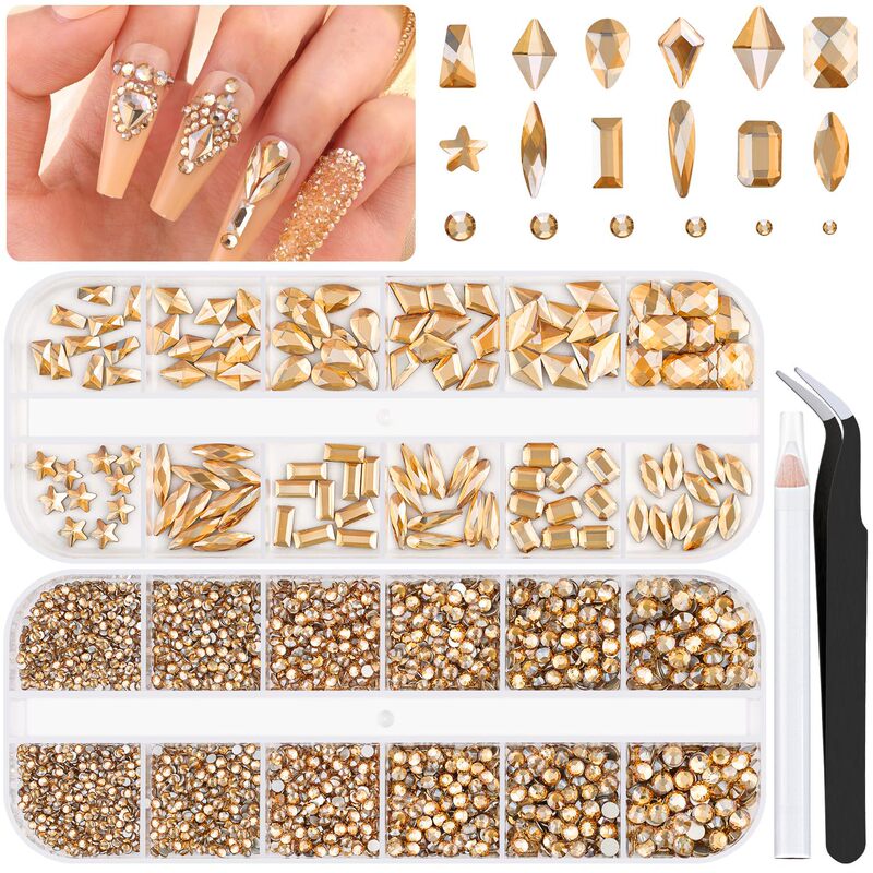 Foreign Trade Cross-Border Nail Art Accessories Flat-Bottomed Iridescent Glass Rhinestones 12-Grid Long Box DIY Accessories
