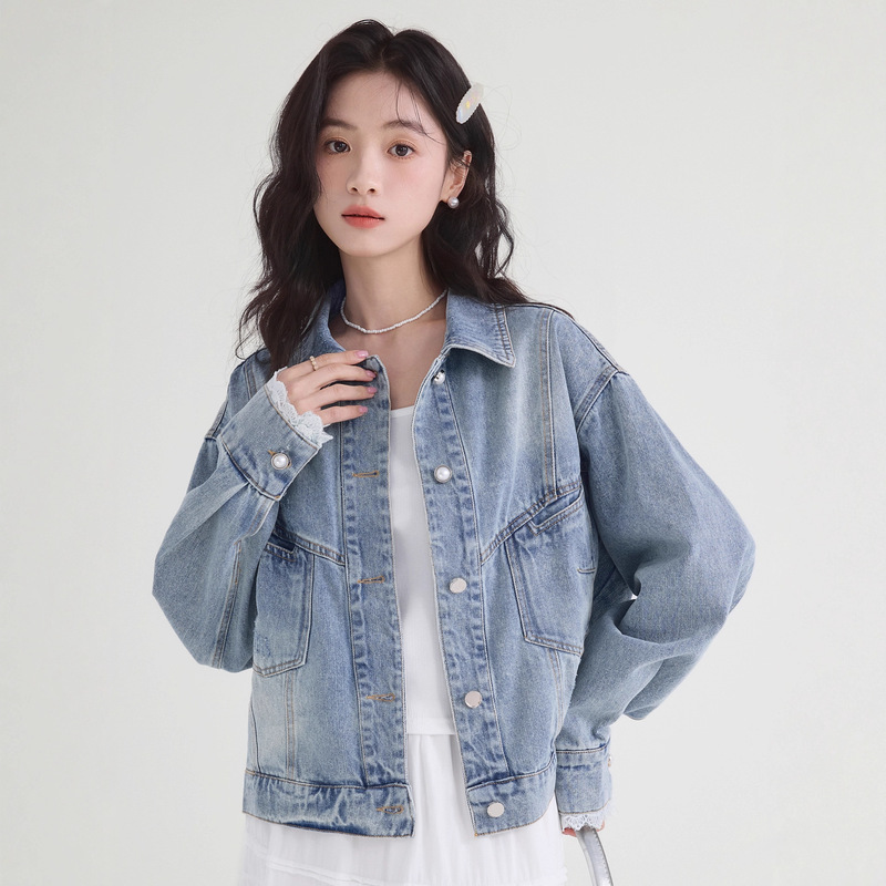 甜美少女蕾丝拼接袖口牛仔外套女秋季2025新款宽松小个子外搭上衣|undefined
