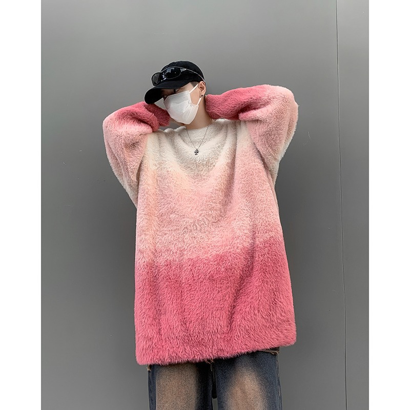 가을과 겨울 두꺼운 스웨터 남자 한국 스타일 패셔너블 루즈 그라디언트 니트 스웨터 겨울 INS 홍콩 스타일 게으른 스웨터 재킷