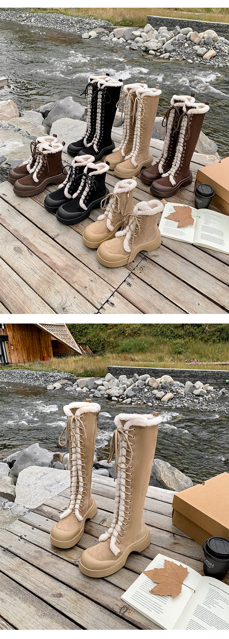 Boot nữ cổ cao lông dày ấm áp, dây buộc phong cách hiệp sĩ, đế chống trượt mùa đông — màu nâu chi tiết 16