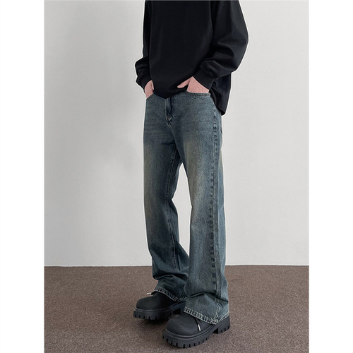 Men's American Retro Casual Stylish Straight Leg Frayed Jeans with Washed Distressed Effect, Fashion Brand Long Pants